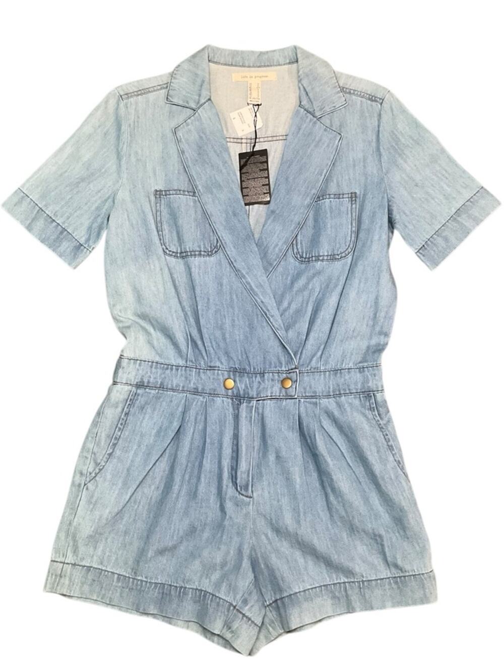 Life in Progress Women’s Denim Washed Romper Blue Distressed Size Small NWT